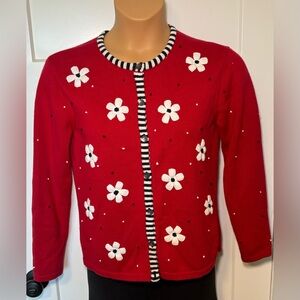 TALBOTS 90’s Red Black White Knit Cardigan Sweater Floral Flowers Size Med